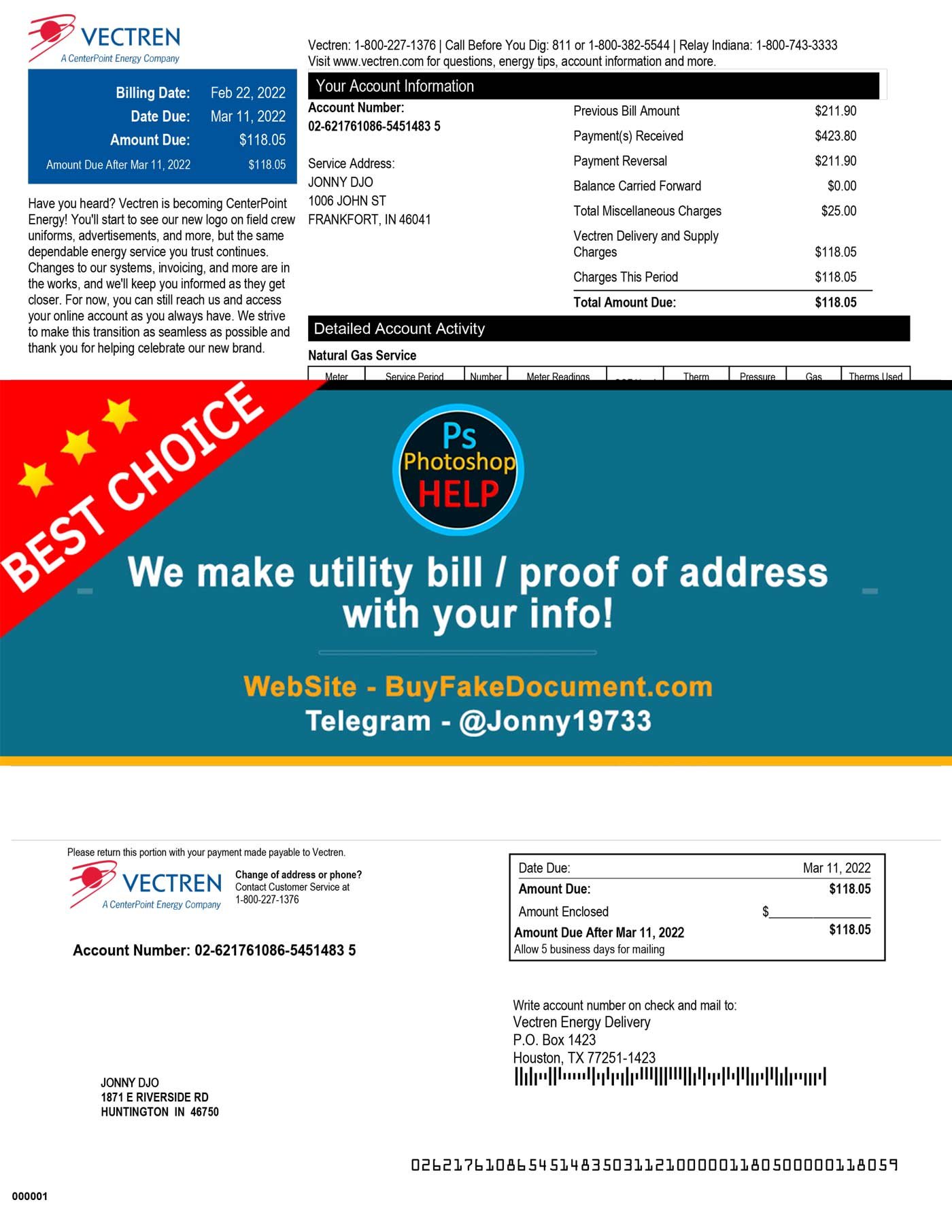 New Utility Bill Vectren CenterPoint Energy Fake Utility bill